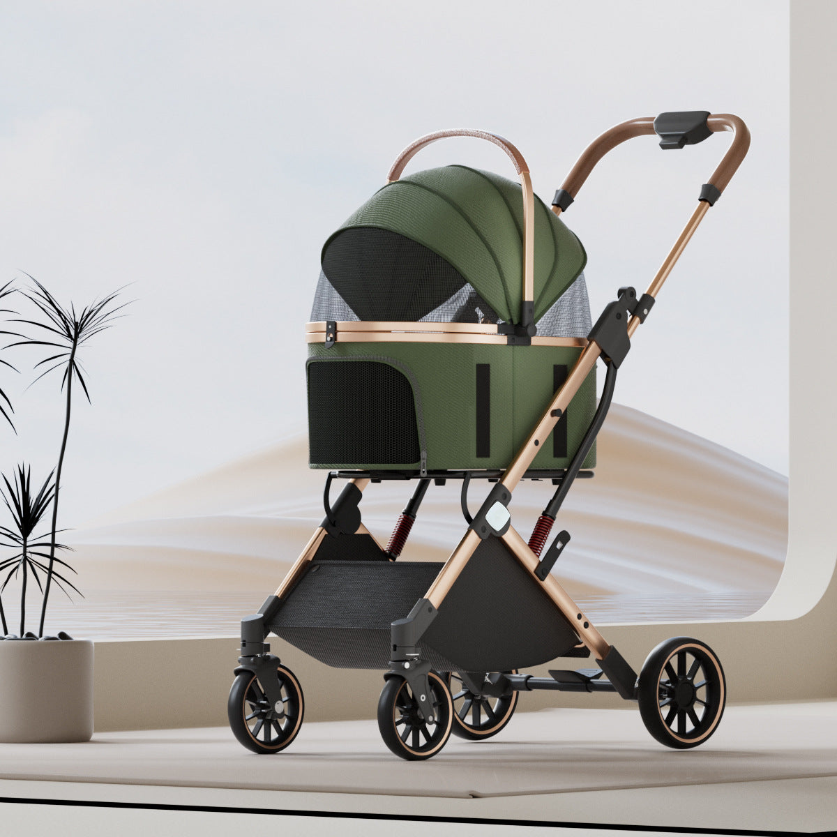 Foldable Pet Stroller with Detachable Basket