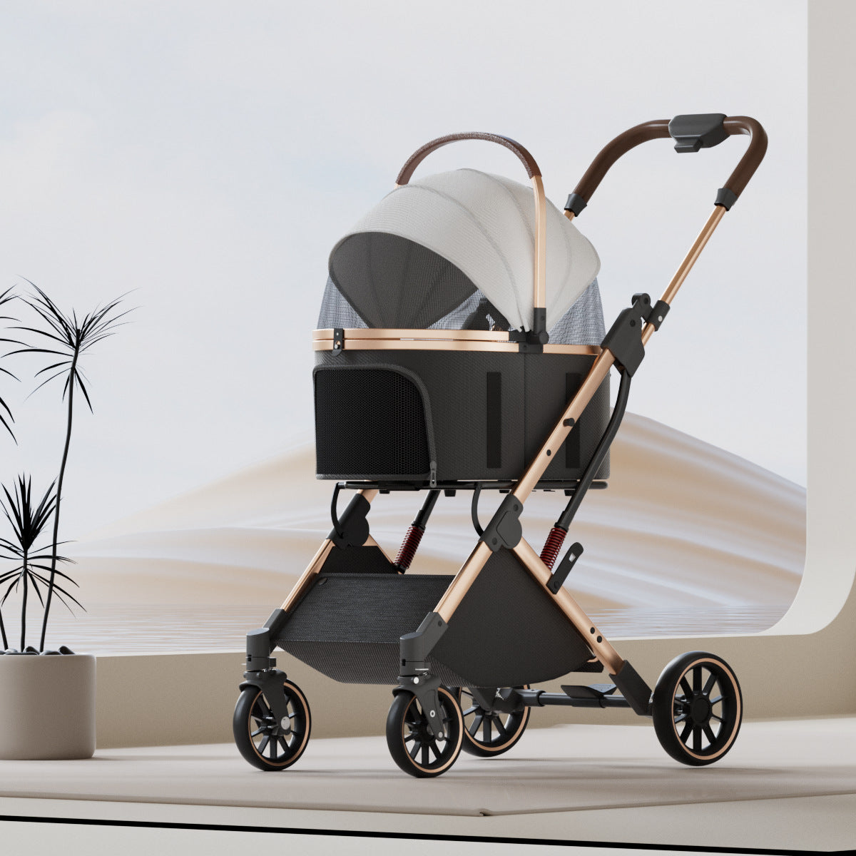 Foldable Pet Stroller with Detachable Basket